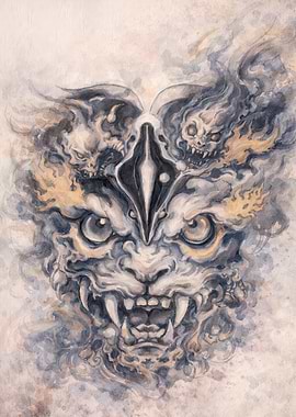 Watercolor Lion Demon with Skulls