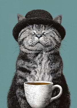 Cat in a Hat with Coffee