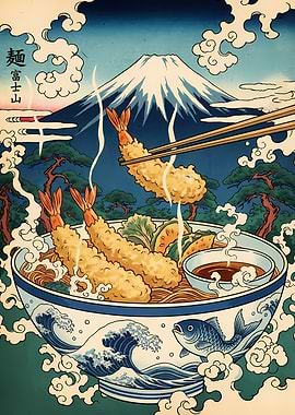 Ukiyo-e Style Tempura Udon Illustration
