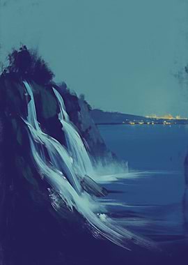 Abstract Waterfall Painting at Night