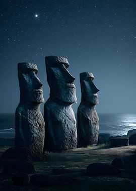 Moai Statues Under Starry Night Sky