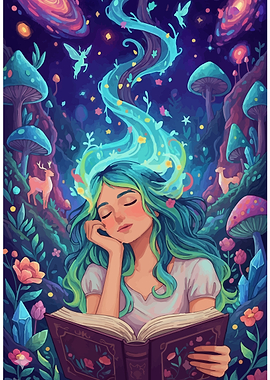 Dreamy Girl Reading in Enchanted Forest
