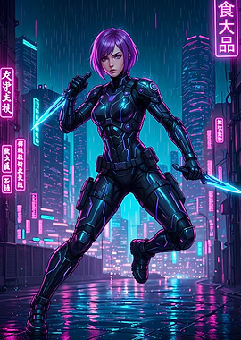 Cyberpunk Assassin in Neon Cityscape