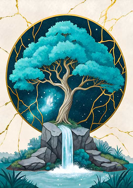 Cosmic Turquoise Tree of Life with Golden Roots and Waterfall Fantasy Art