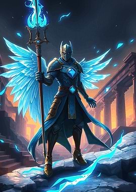 Winged Warrior with Staff in Ruins