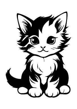 Cute Black and White Kitten Illustration
