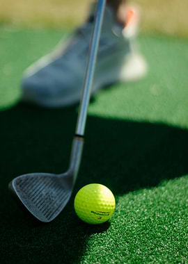 Golf ball and club on green, Golf Focus – Minimalist Golf Ball and Club Photography Wall Art