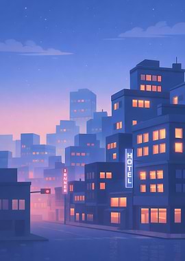 Cityscape at Dusk with Hotel Sign