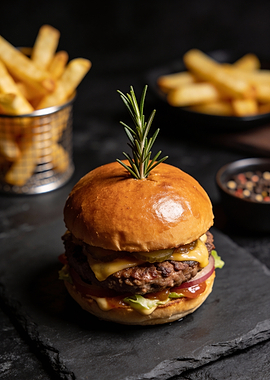 Delicious Burger with Fries on Dark Background