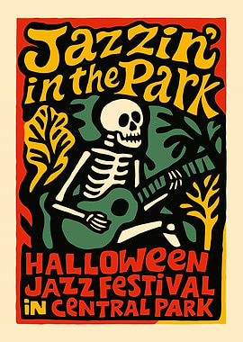 Halloween Jazz Poster - Skeleton Guitar Festival Print For Spooky Music Lovers Kitchen Decor Wall