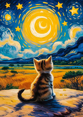 Moonlit Wishes Kitten Under a Whimsical Starry Sky – Whimsical Pet Art