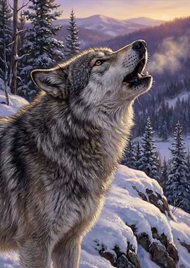 Howling Wolf in Winter Landscape