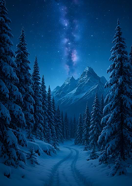 Winter Night Landscape with Milky Way