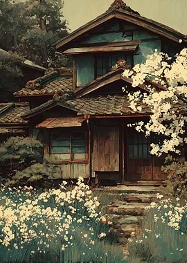 Japanese House with Cherry Blossoms Painting