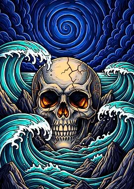 Skull in Ocean Waves Digital Art