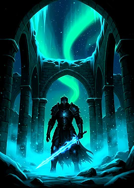 Armored Knight in Ruins with Aurora