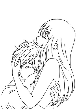 Anime Couple Hugging Line Art