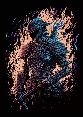 Armored Knight with Fiery Background