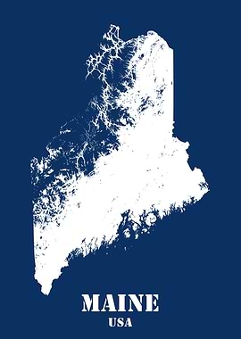 Maine USA State Minimalist White Topographic Contour Relief Map featuring terrain on navy blue background