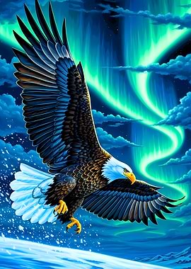 Eagle soaring under the Northern Lights