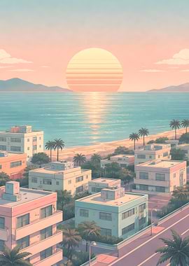 Pastel Beach Cityscape with Sunset