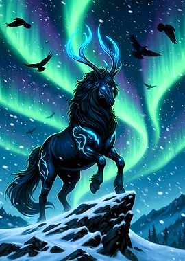 Mystical Stag with Aurora Borealis