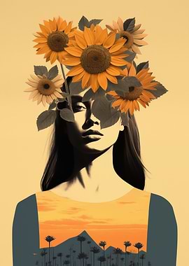 Surreal Woman with Sunflowers