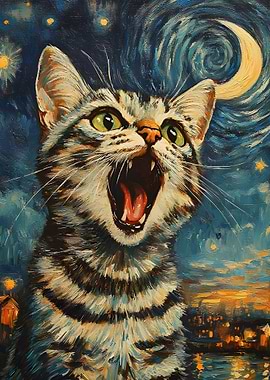 Animal Cat Yawning in Starry Night Painting Van Gogh Japan