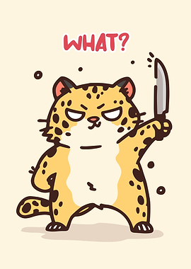 Cartoon Cat with Knife Asks 'What?'