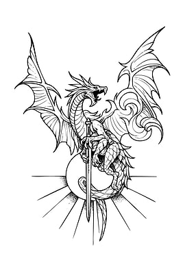 Dragon with Sword Black and White