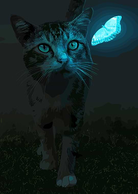 Cat and Butterfly in Blue Light
