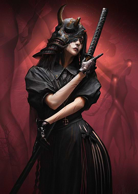 Samurai Girl with Oni Mask
