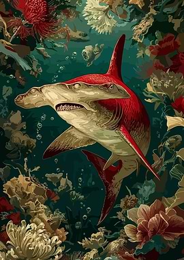 Hammerhead Shark Floral Underwater Scene