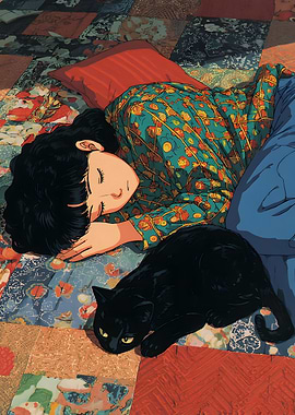 Sleeping Woman with Black Cat on Quilt