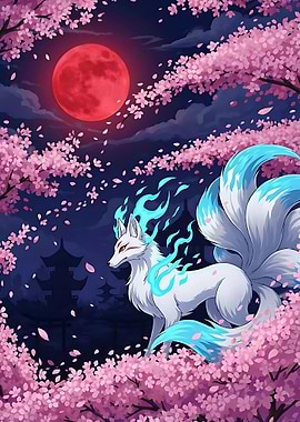 Nine-tailed Fox Under a Red Moon