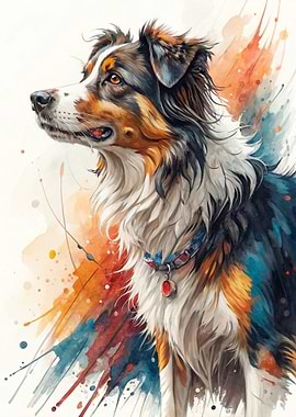 Watercolor Australian Shepherd Dog Portrait