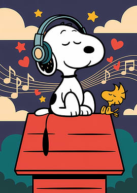 Snoopy Listening to Music with Woodstock