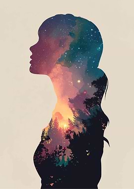 Silhouette of Woman with Galaxy and Forest