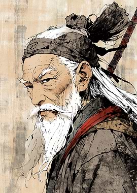 Old Asian Warrior Portrait Illustration