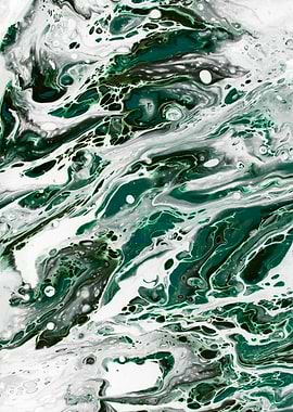 Emerald and White Abstract Fluid Art