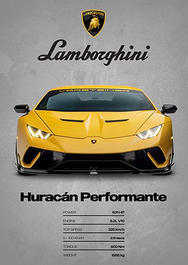 Lamborghini Huracán Performante Yellow Car Poster