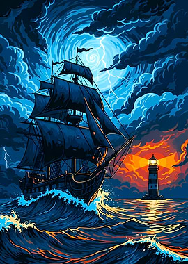 Ship in Storm with Lighthouse