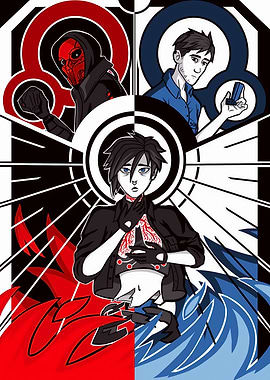 Duality: Red, Blue, and Central Figure