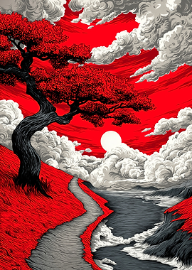 Red Landscape with Tree and River