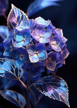 Blue Hydrangea Flower with Golden Outlines