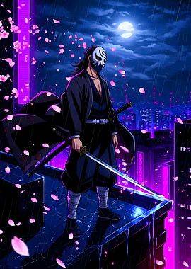 Masked Swordsman on Rooftop in Rain