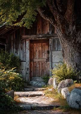 Rustic Wooden Doorway with Stone Steps