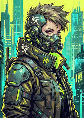 Cyberpunk Character with Mask in Cityscape