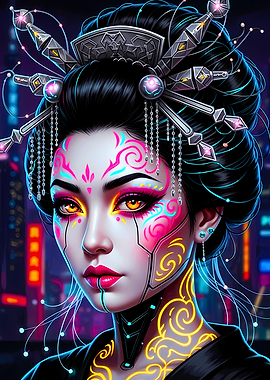 Cyberpunk Geisha with Neon Accents