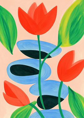 Abstract Zen Tobi-ishi Arrangement with Red Tulips